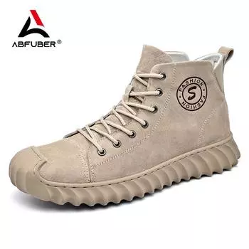 Новейшие высокие мужские ботинки из натуральной кожи, повседневные уличные ботинки на шнуровке с круглым носком, дорожные мужские туфли из мягкой замши на толстой подошве 38