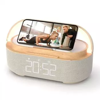 Новейший Bluetooth-динамик 6 в 1 с цифровым будильником/беспроводным зарядным устройством/FM-часами-радио/регулируемой светодиодной подсветкой/двойными беспроводными динамиками для спальни и дома