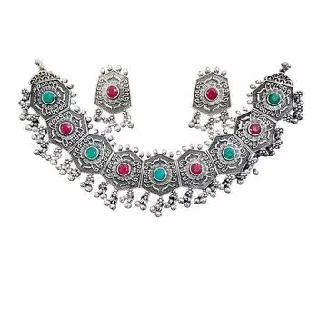 Новейший стильный комплект оксидированных украшений, традиционный комплект ожерелья-колье для женщин и девочек FREE SIZE