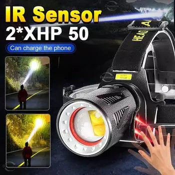 Новейший светодиодный сенсорный фонарь XHP50, белый и теплый свет, мощный налобный фонарик, 3 режима, питание от батареи 18650, использование для рыбалки Without batteries чёрный
