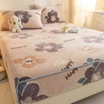 Nowflakes Pile Sheet Is Tasted The Fitted Autumn Winter Thickened Warm Cartoon Bed Cover 360 Degree Mattress with Elastic Wrap Only 2 pillowcases