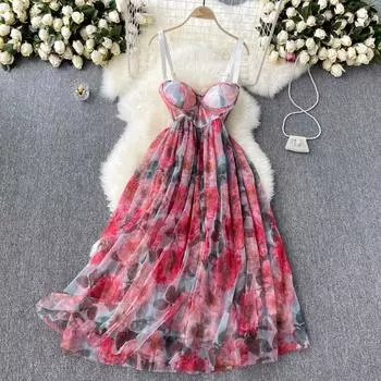 Новые модные летние элитные платья с принтом для пляжного отдыха, женские платья с v-образным вырезом, сексуальный корсет, длинные платья миди в стиле бохо XL розовый