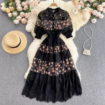 Новинка 2021 года, летние винтажные черные кружевные лоскутные платья, женские платья контрастного цвета с пышными рукавами, длинные платья миди в горошек