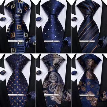 Новинка 2021 года, мужские галстуки, синий галстук с узором пейсли и серебряным зажимом для галстука, новые темно-синие галстуки для бизнеса Dibangu 7374