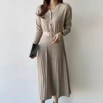 Новинка 2021 года, осенне-зимнее модное женское офисное платье с поясом, повседневное длинное миди-плиссированное платье в корейском стиле One Size дубильная кора