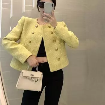 Новые осенне-зимние твидовые куртки для женщин, элегантные пальто с круглым вырезом и длинным рукавом из смеси шерсти, женская однотонная верхняя одежда M жёлтый