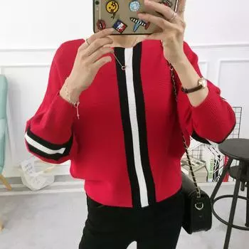 Новинка 2021 года, осенне-зимний женский свитер, пуловер в полоску контрастного цвета, вязаный джемпер с рукавами «летучая мышь», свободные короткие топы, верхняя одежда Pull Femm One Size чёрный