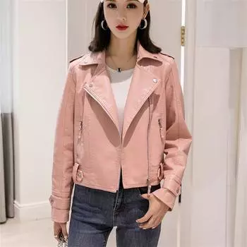 Новинка 2021 года, осенняя куртка из искусственной кожи с поясом, женская тонкая короткая байкерская куртка на молнии на молнии, пальто, женская верхняя одежда, топы casacos feminino S бежевый