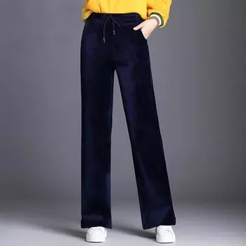 Новинка 2021 года, женская одежда, черные винтажные однотонные бархатные брюки с высокой талией, женские свободные бархатные широкие брюки в стиле ретро S чёрный