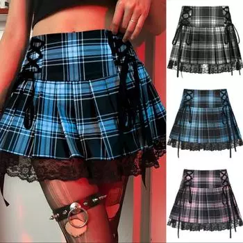 Новинка 2021 года, женская юбка в готическом стиле на шнуровке, розовая полосатая клетчатая плиссированная юбка с кружевной отделкой, панк-темная академическая эстетичная одежда для девочек L чёрный