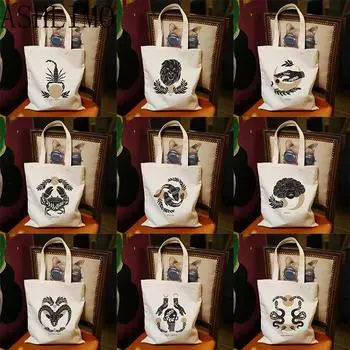 Новинка 2022 года, большая сумка-тоут, парусиновая сумка «Двенадцать созвездий», женская сумка на плечо, Harajuku, большая вместительная сумка для покупок, многоразовая сумка 24*26cm