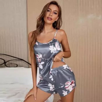 Новинка 2022 года, модный сексуальный пижамный комплект с цветочным принтом, женский комплект из 2 предметов, пижамы, шелковый атласный топ на бретельках и шорты, пижамы для женщин S кофейный