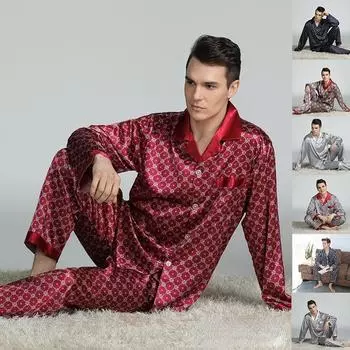 2025 Новый мужской шелковый атласный классический пижамный комплект с длинным рукавом и принтом Роскошный шелковый пижамный комплект для сна XL красный