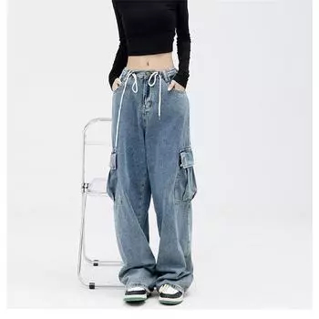 Новинка 2022 года, осенние винтажные джинсы с высокой талией для отдыха, прямые широкие джинсы-карго, женские уличные свободные джинсы-карго, женские S синий