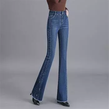 Новинка 2022 года, осенние винтажные джинсы в Корейском стиле с высокой талией, тонкие джинсы с кисточками, длинные джинсы, трендовые женские расклешенные брюки, уличная одежда, Harajuku S синий