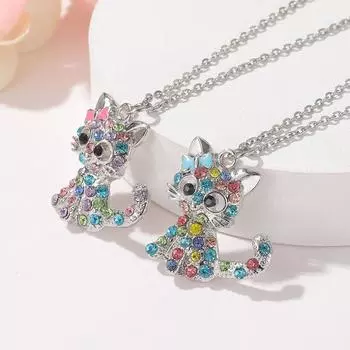 Новинка 2022 года, ожерелье с подвеской в виде милого кота для девочек, женское и детское модное ожерелье с цветными кристаллами и мультяшными животными, ювелирные изделия, подарки розы красного