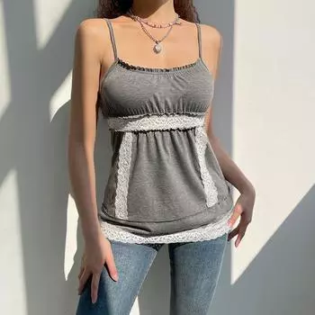 Новинка 2022 года, сексуальный топ с открытой спиной, Mujer Verano, кружевной топ с вышивкой для женщин, со складками на груди, маленькая бретелька, женская майка S серый