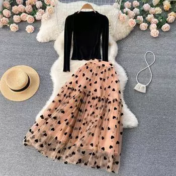 Новинка 2022 года, тонкая футболка с длинными рукавами и сетчатым принтом, большая распашная юбка с французским вырезом, комплект из двух предметов для женщин Fried Street S бежевый