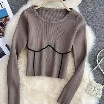 Новинка 2022 года, весна-осень, полосатый вязаный укороченный топ для женщин, повседневная уличная одежда, облегающие повседневные базовые топы с круглым вырезом и длинными рукавами для девочек One Size чёрный