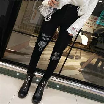 Новинка 2022 года, весна-осень, узкие брюки-карандаш для отдыха, женские джинсовые брюки, джинсы с дырками и блестками, женская уличная одежда в стиле ретро с высокой талией S