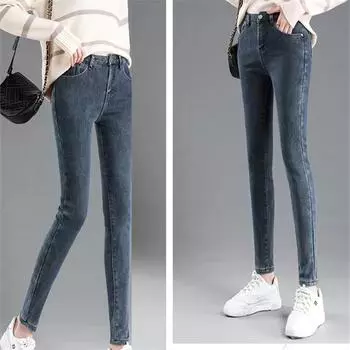 Новинка 2022 года, весна-осень, женские узкие брюки для отдыха, женские брюки-карандаш, высокая талия, дизайн с пуговицами, модные джинсы до щиколотки 26 синий