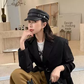 Новинка 2022 года, весна-осень-зима, женская элегантная шляпа, армейские военные шапки, кепка из натуральной кожи, женская винтажная кепка на плоской подошве из овчины, кожи L 55 56cm чёрный