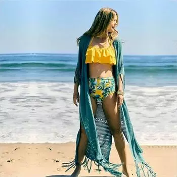 Новинка 2022 года, вязаная накидка на бикини, сексуальная туника с полой бахромой, длинный кардиган, повседневный женский купальник с короткими рукавами, накидка Q451