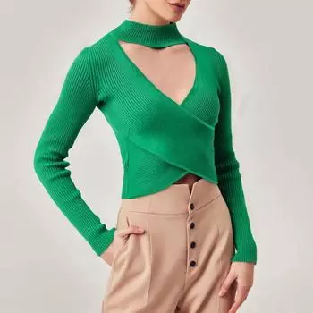 Новинка 2022 года, вязаный свитер, женский сексуальный модный укороченный свитер с v-образным вырезом, винтажный женский пуловер с высоким воротом и длинным рукавом, шикарные топы для отдыха S зелёный
