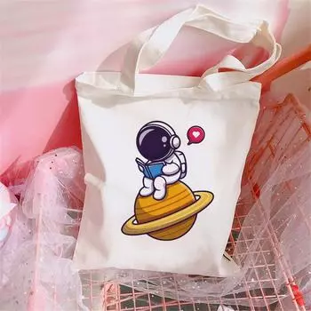 Новинка 2022 года, женская розовая холщовая жилетка с принтом космонавта, большая вместительная тканевая сумка для покупок, пляжная сумка-шоппер 24*26cm