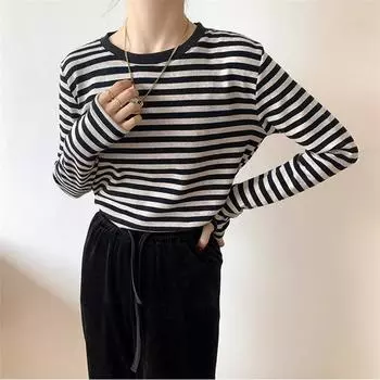 Новинка 2022 года, женские полосатые футболки с длинными рукавами, женская уличная одежда, осенне-весенние хлопковые футболки, свободные футболки в корейском стиле S чёрный