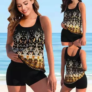 Новинка 2022 года, женский купальник, большие размеры, танкини, комплект бикини с принтом, женский купальный костюм с принтом, пляжная одежда, летнее бикини 5XL S жёлтый