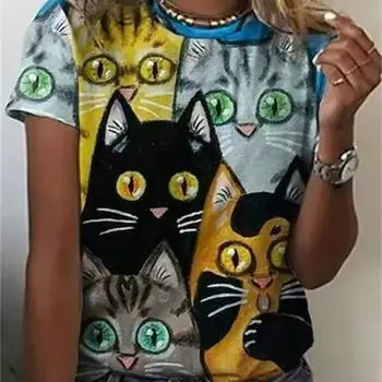 Новинка 2022 года, женский пуловер, футболка с 3d принтом мультяшного кота, свободные футболки с круглым вырезом и короткими рукавами, весенние повседневные топы размера S
