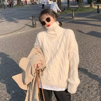 Новинка 2022 года, женский свитер с высоким воротником и длинными рукавами, осенне-зимний свободный и ленивый стиль, универсальный однотонный вязаный топ One Size чёрный