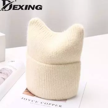 Новинка 2022 года, зимние шапки с кроличьим мехом для женщин, модная теплая милая шапка с кошачьими ушками, женская уличная зимняя шапка ярких цветов One Size