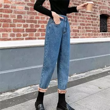 Новинка 2022 года, зимние винтажные женские джинсы в корейском стиле, джинсовые брюки с высокой талией, свободные прямые брюки, женская уличная одежда в стиле Харадзюку XS чёрный