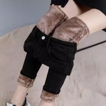 Новинка 2022 года, зимняя мода, тонкие бархатные джинсы в стиле Харадзюку, женские повседневные теплые джинсовые узкие брюки с высокой талией для отдыха, эластичные толстые брюки 25 чёрный