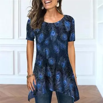 Новинка 2023 года, футболка с 3D-принтом перьев, женская футболка с круглым вырезом и короткими рукавами, спортивный укороченный топ XS-8XL S