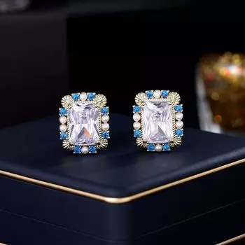 Новинка 2023 года, инкрустированные жемчугом и цирконом, французские элегантные темпераментные, легкие, роскошные серьги, прямоугольные, высококачественные серьги-гвоздики с геометрическим рисунком жёлтый