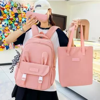 Новинка 2023 года, комплект из 3 предметов, рюкзак для подростков, милые детские сумки с заячьими ушками, легкая нейлоновая сумка, школьные ранцы для школьников младших классов для девочек One size хаки