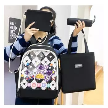 Новинка 2023 года, комплект из четырех предметов, школьный ранец для учениц младших классов средней школы, летний рюкзак большой вместимости, сумка для учебы и репетиторства для девочек чёрный