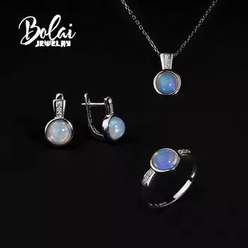 Новинка 2023 года, комплект ювелирных изделий из стерлингового серебра 925 пробы, натуральный Эфиопский опал, круглые серьги 7 мм, ожерелье, женские кольца, простой дизайн us ring size 6# белый