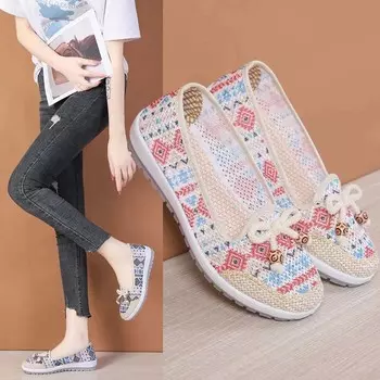 Новинка 2023 года, летние туфли с полой сеткой, старая пекинская тканевая обувь, женская модная повседневная обувь на мягкой подошве, обувь для мам среднего и пожилого возраста, сетчатая обувь 40 синий