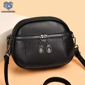 Новинка 2023 года, летняя маленькая сумка-мессенджер на одно плечо, женская трехслойная круглая роскошная простая сумка-мессенджер из воловьей кожи, кошелек Zero чёрный