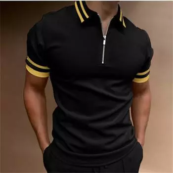 Новинка 2023 года, мужская модная рубашка-поло с 3D принтом, футболка на молнии, повседневная футболка с коротким рукавом, мужская спортивная рубашка-поло S чёрный