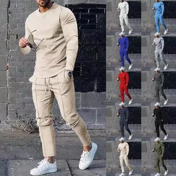 Новинка 2023 года, мужской однотонный костюм, футболка с круглым вырезом и длинными рукавами, брюки, плотный комплект из двух предметов 2XL бежевый