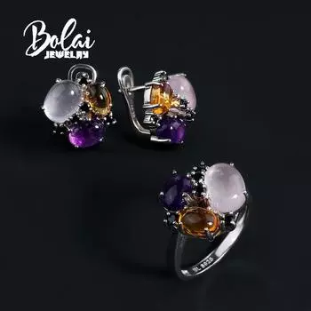 Натуральный драгоценный камень Цитрин Розовый кварц Аметист Многоцветный комплект колец и сережек Женские ювелирные украшения из стерлингового серебра 925 пробы us ring size 7# фиолетовый/розовый