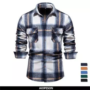 Новинка 2023 года, осенне-зимняя утолщенная фланелевая клетчатая рубашка для мужчин, верхняя куртка, мужские повседневные классические мужские рубашки с двойными карманами XL 85-95 kg чёрный