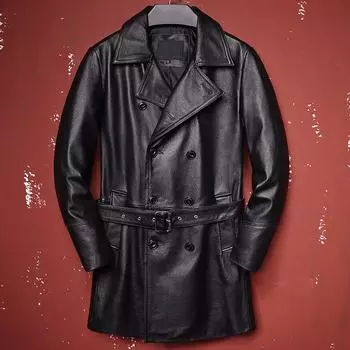 Новый осенний ремень деловой мужской двубортный плащ из натуральной кожи в стиле тренч из натуральной коровьей кожи одежда S чёрный