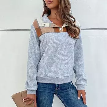 Новинка 2023 года, осенний женский лоскутный винтажный пуловер с воротником-стойкой и длинными рукавами, толстовка S чёрный