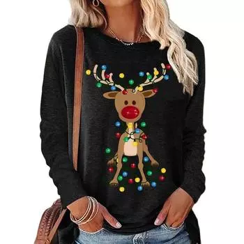Новинка 2023 года, осенний женский топ с круглым вырезом и длинными рукавами, пуловер с рождественским принтом оленя, свободные размеры, футболки, женские модные футболки L